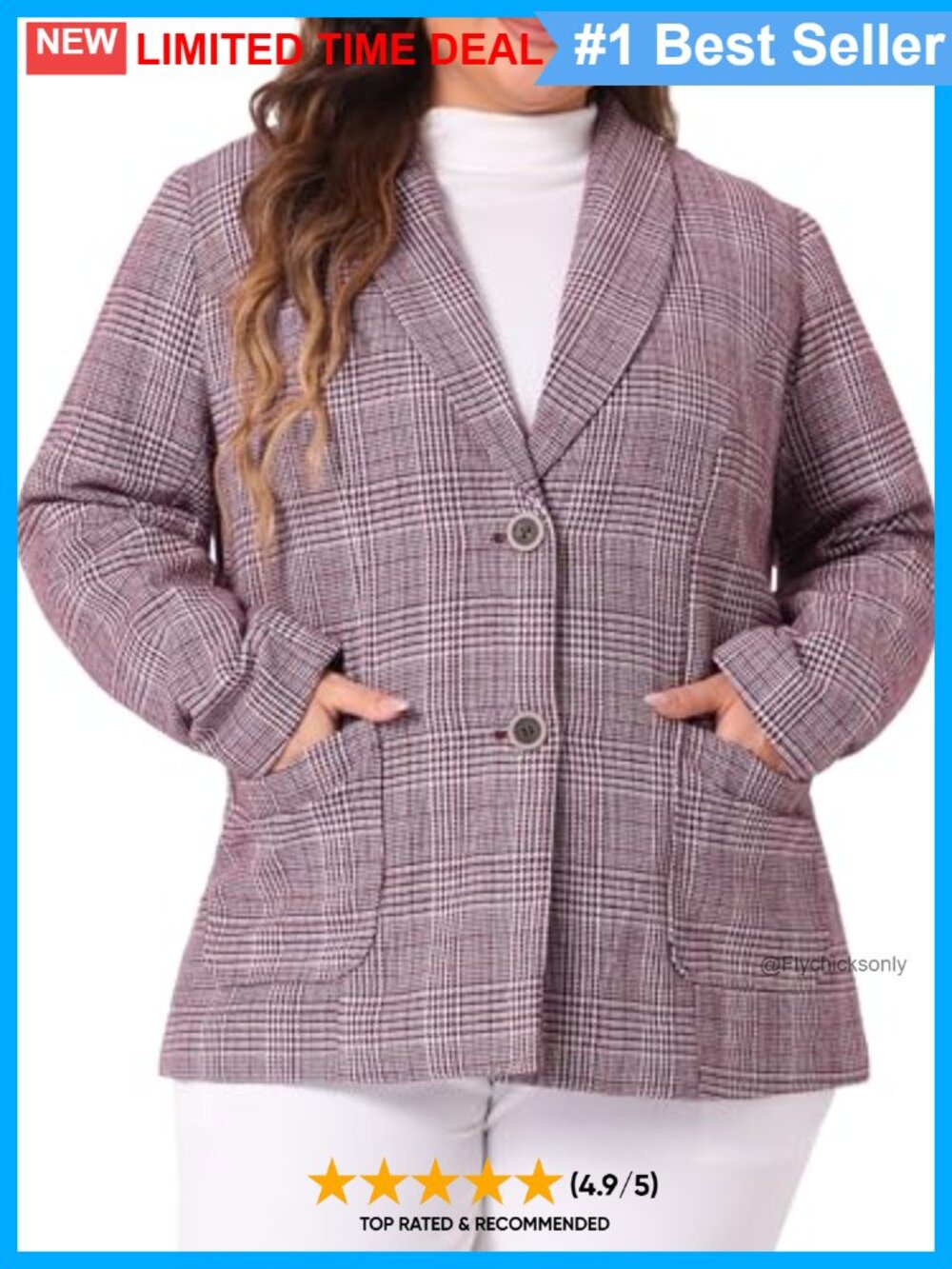 Plus Size Plaid Blazer Houndstooth Lapel Jacket Work Office